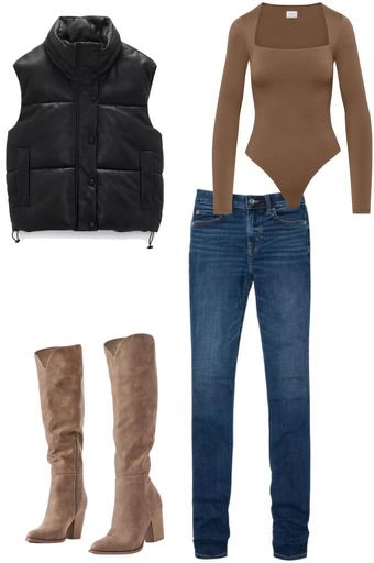 Perfect fall style that you need for any occasion, can’t go wrong with a fitted bodysuit, jeans, vest and boots for the final touch 