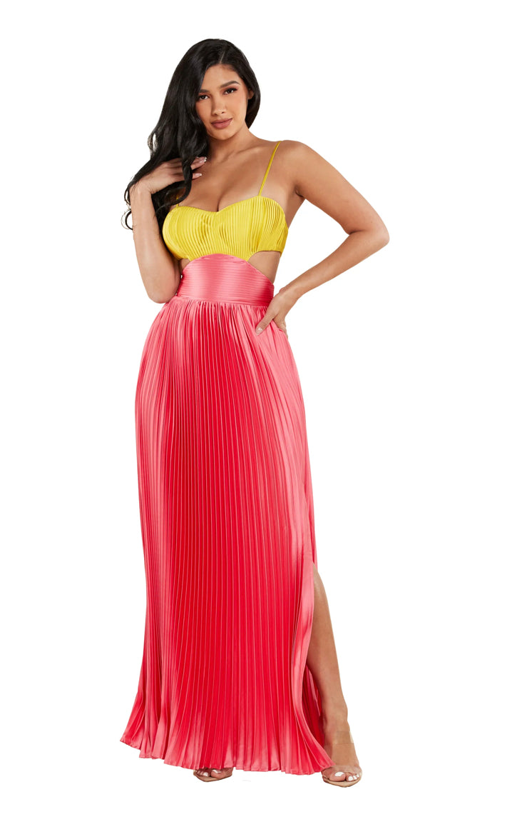 Mia satin pleated lime and pink maxi dress