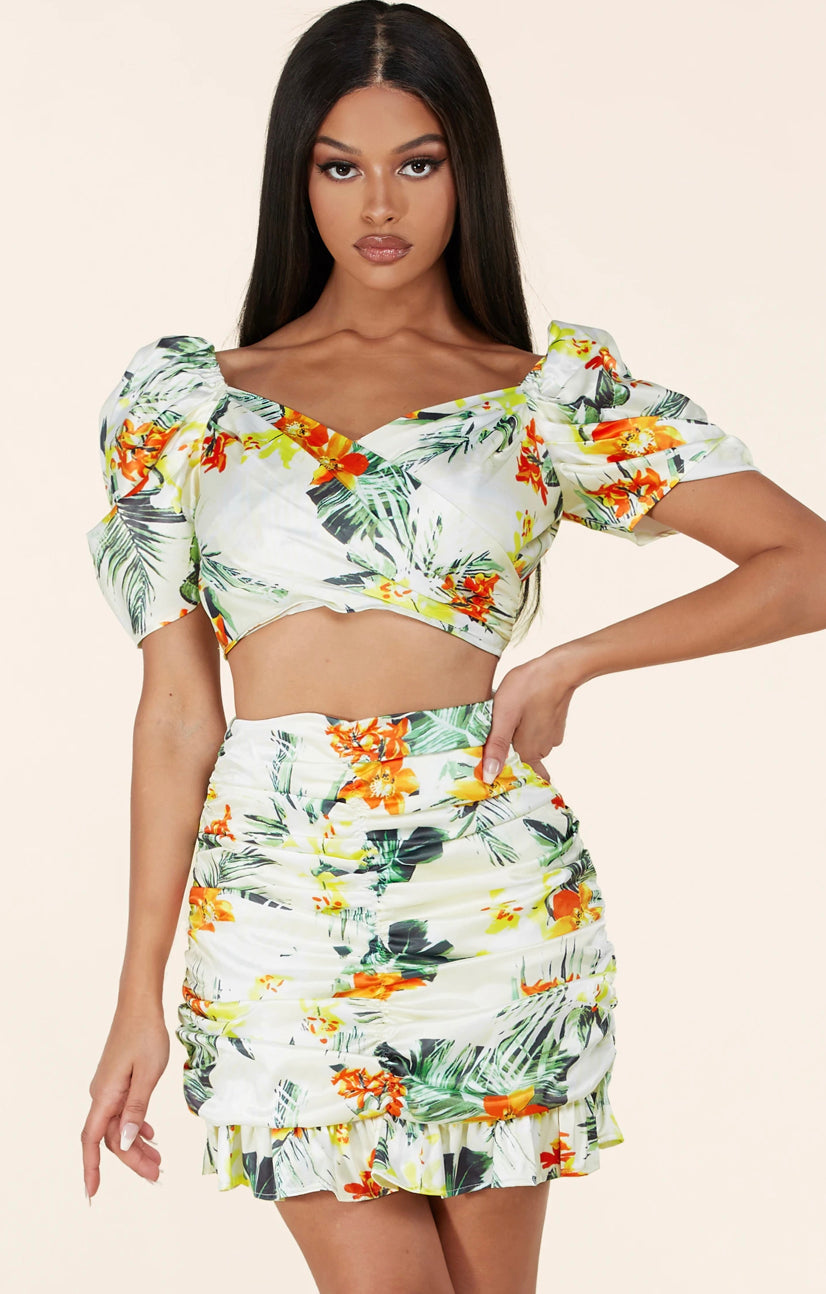 Tropical Floral Puff Sleeve Crop Top 2pc Skirt Set