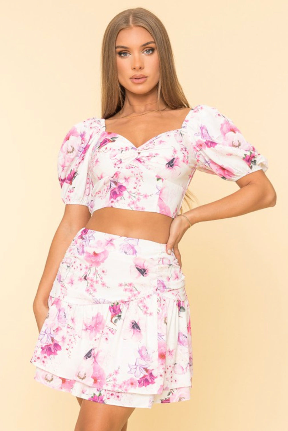 Floral Print Twins Top & Ruffled Mini Skirt Set
