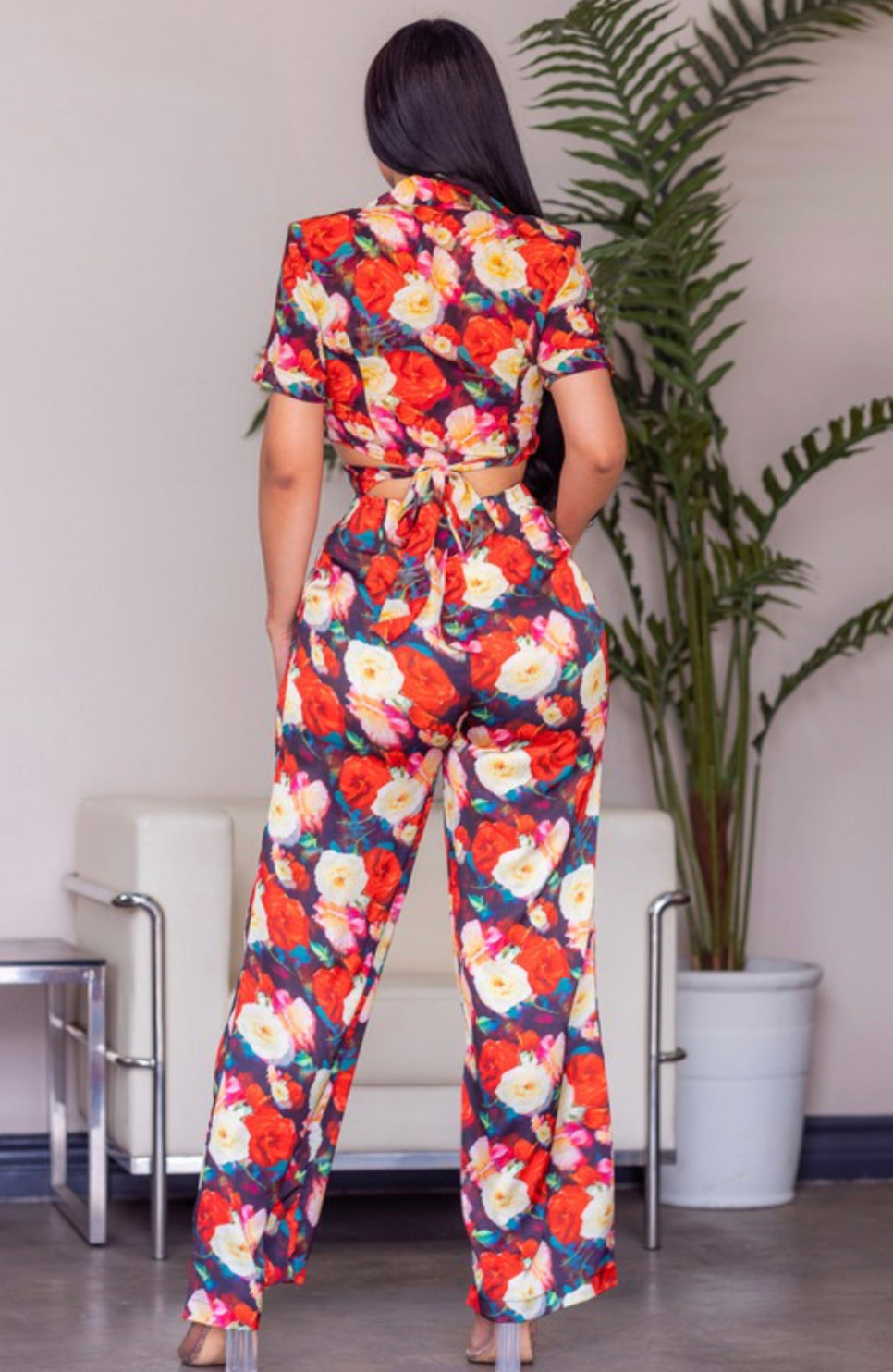 Floral Print Wrap Top and Wide Pants Set