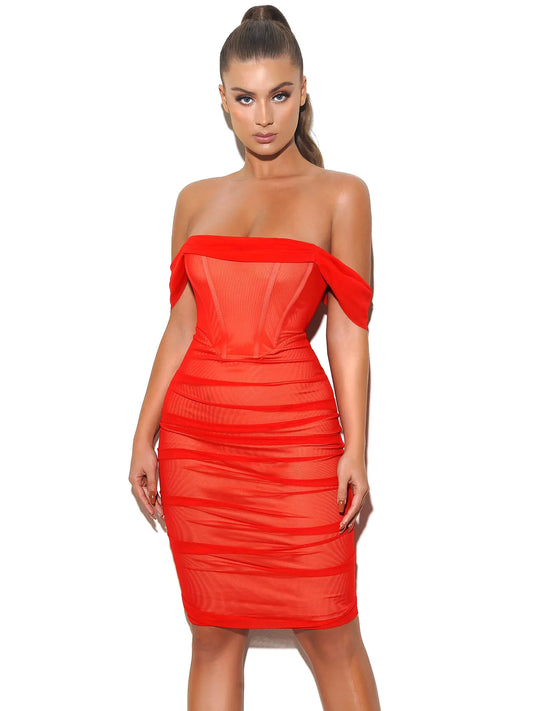 Kendall Red Off Shoulder Mesh Corset Dress