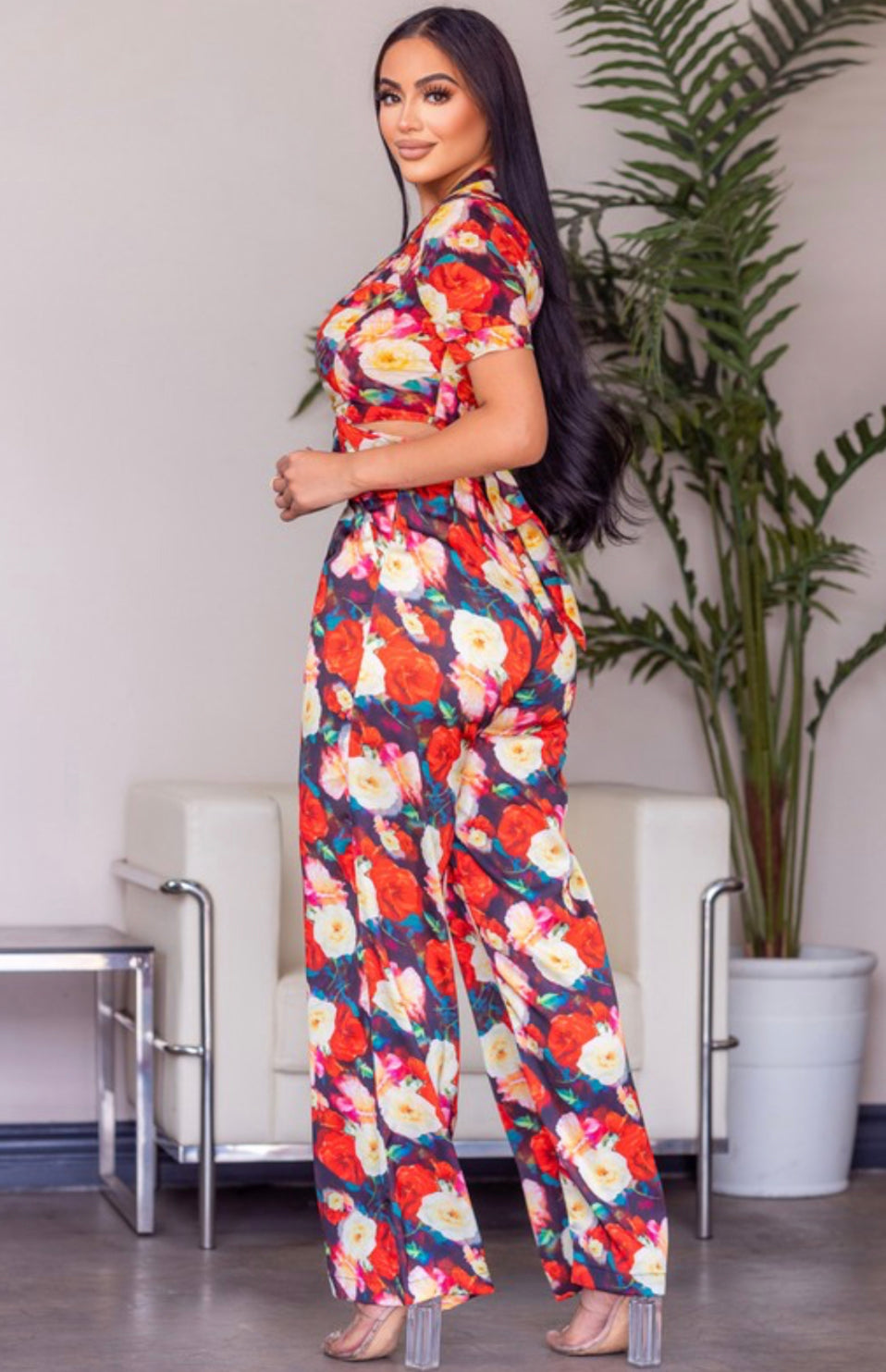 Floral Print Wrap Top and Wide Pants Set