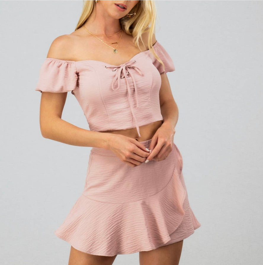 LACE UP BUST PUFF SLEEVE OFF SHOULDER TOP