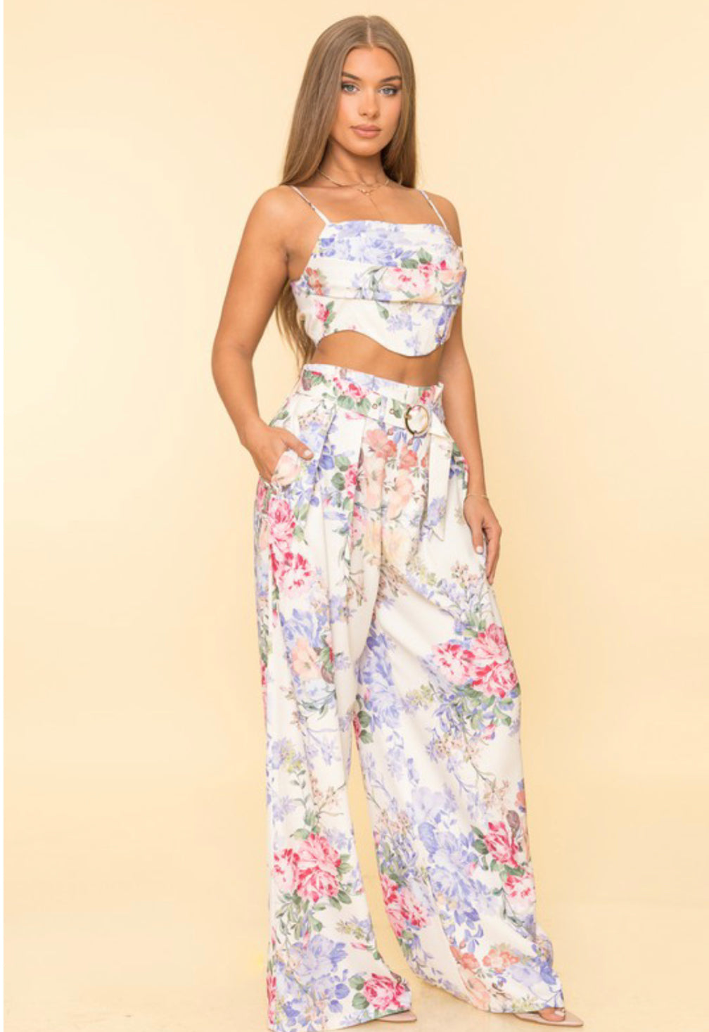 Floral Print Corset Top and Wide Pants Set