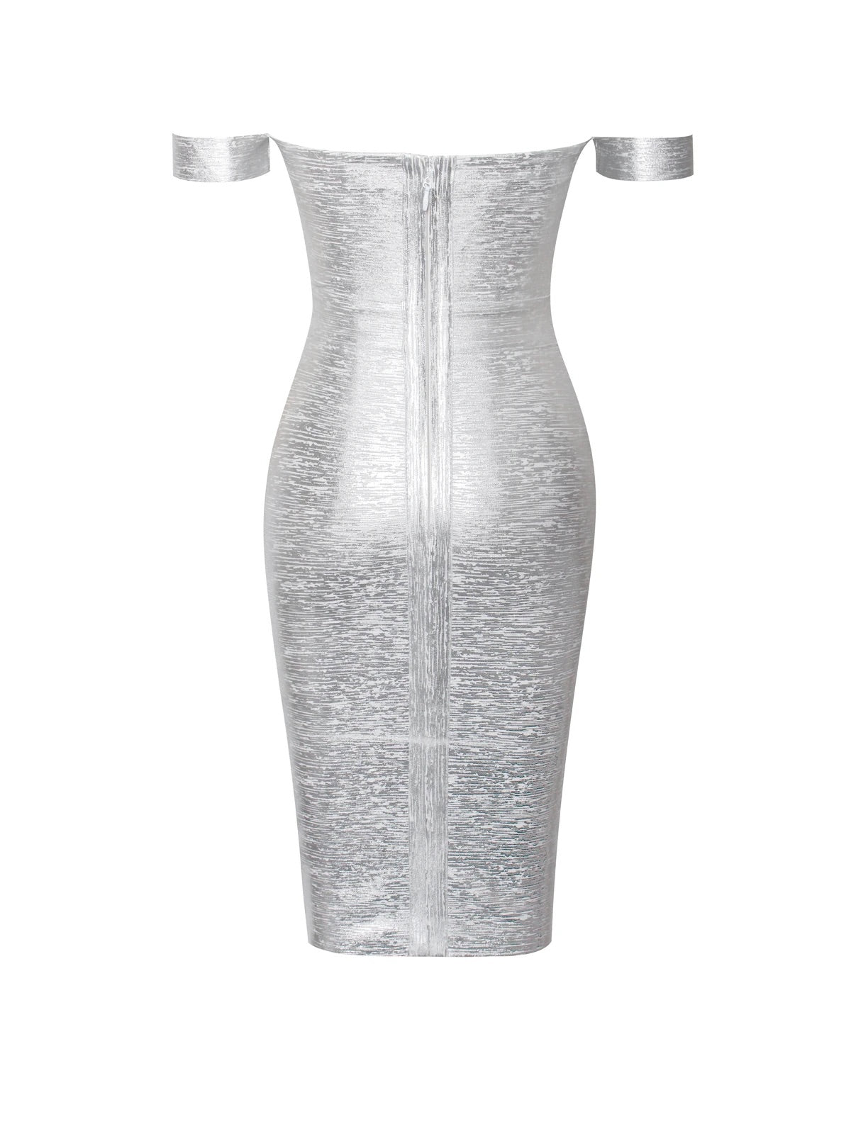Irreplaceable Off Shoulder Silver Metallic Bandage Dress