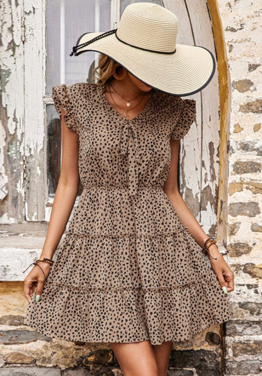 V-Neck Leopard Print Ruffled Dress