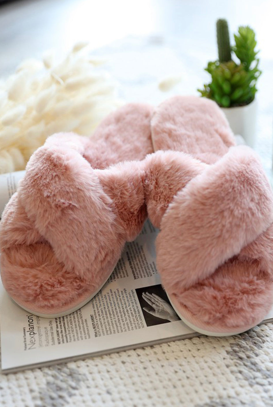 Clara High Quality Faux Fur Pink Slippers