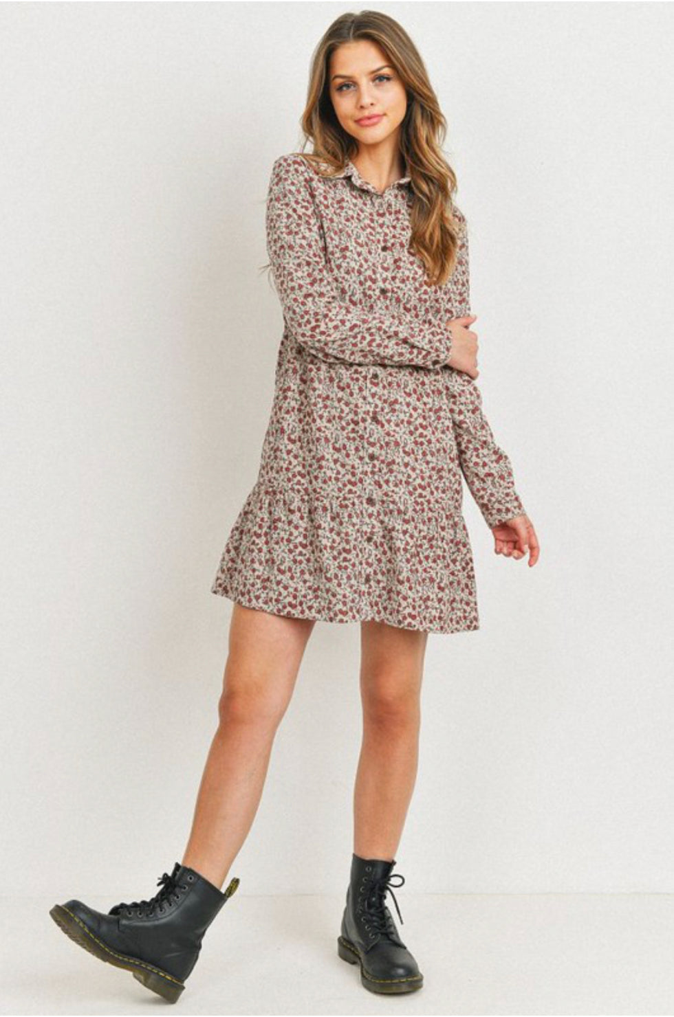 Corduroy Printed Button Down Front Collar Dress