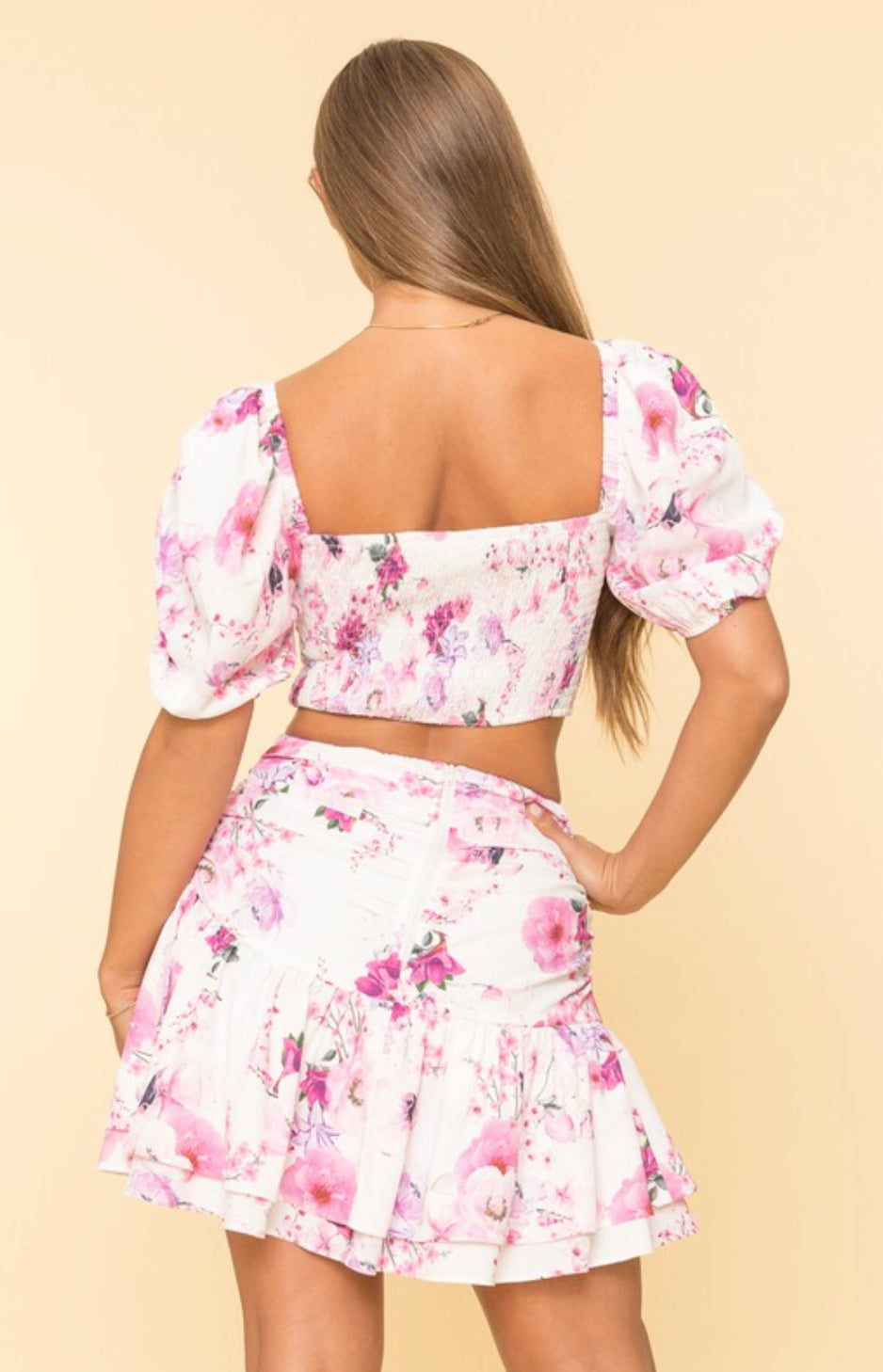 Floral Print Twins Top & Ruffled Mini Skirt Set