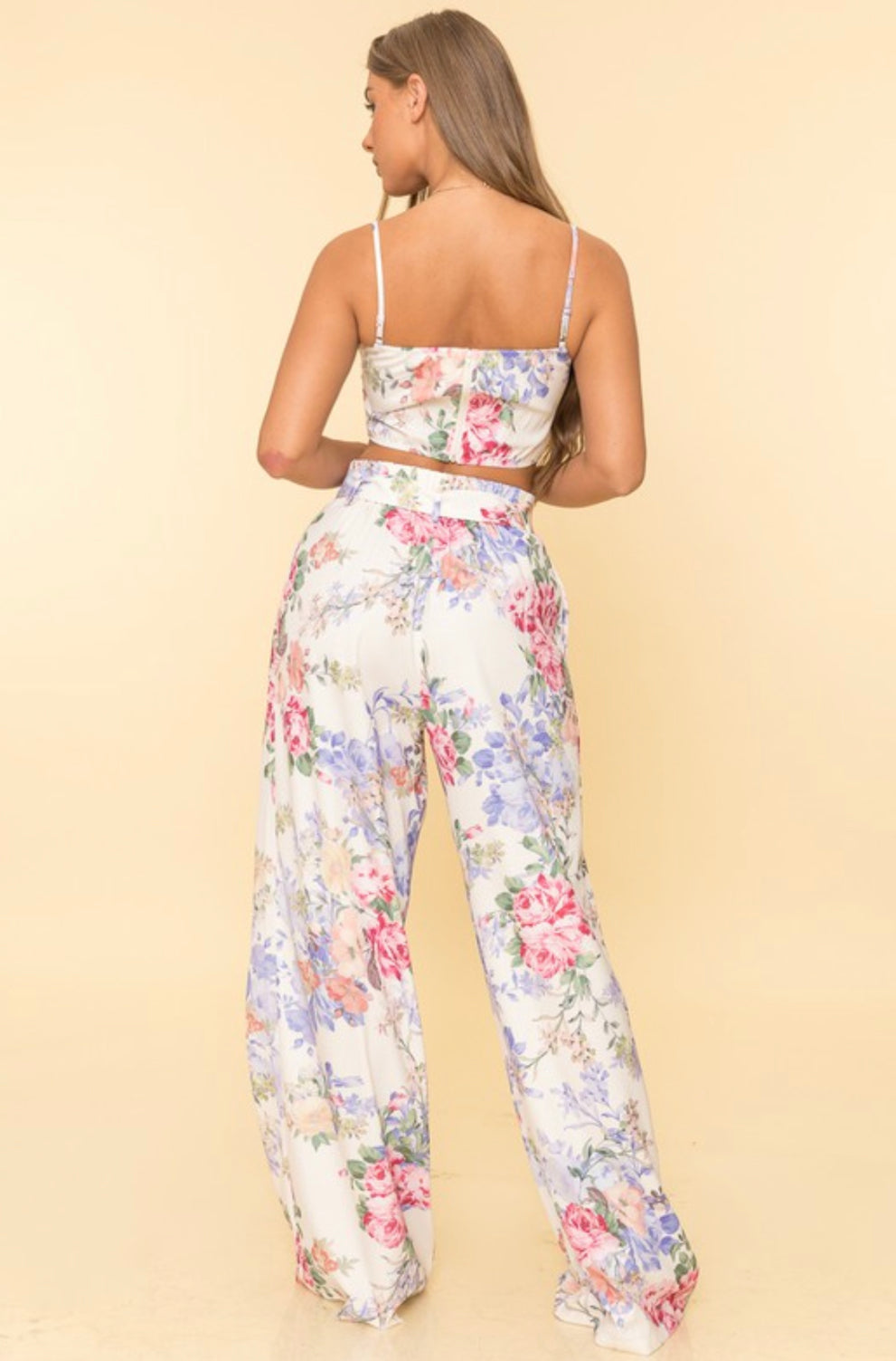 Floral Print Corset Top and Wide Pants Set