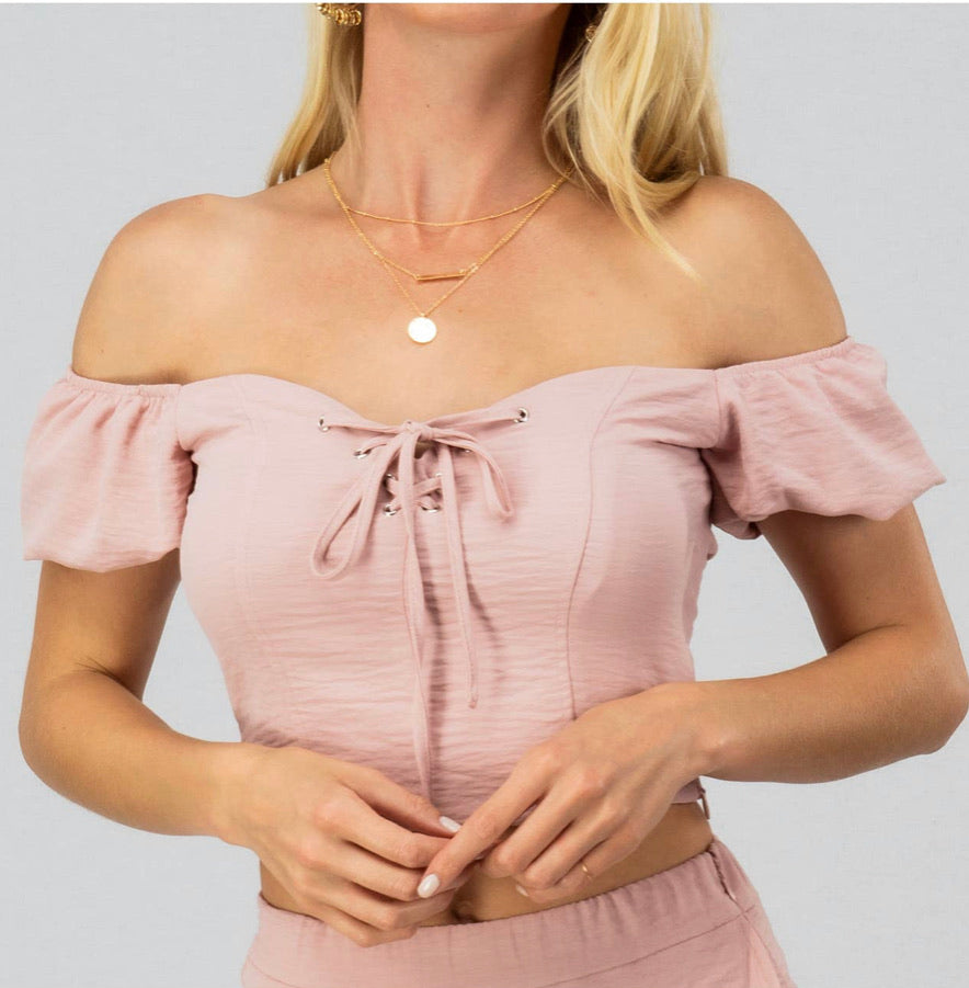 LACE UP BUST PUFF SLEEVE OFF SHOULDER TOP