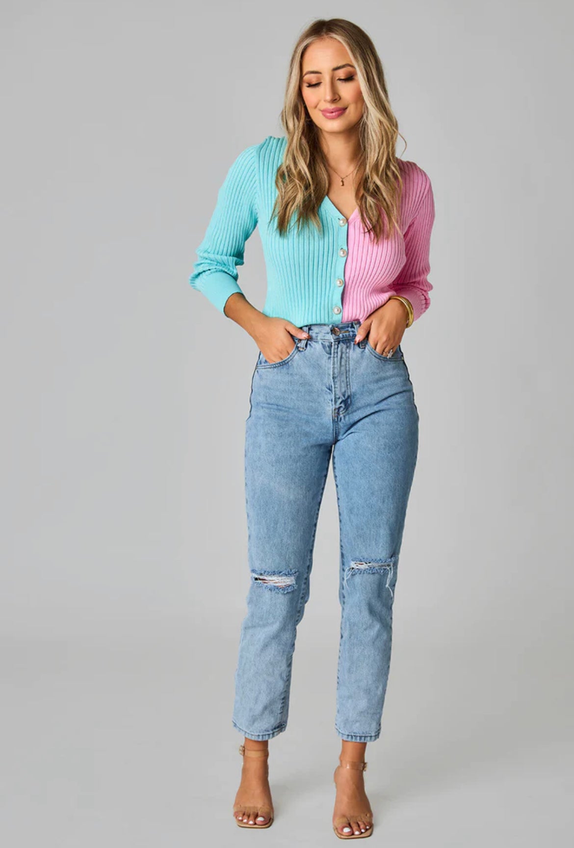Emma Cropped Ribbed Sweater - Pink/Blue