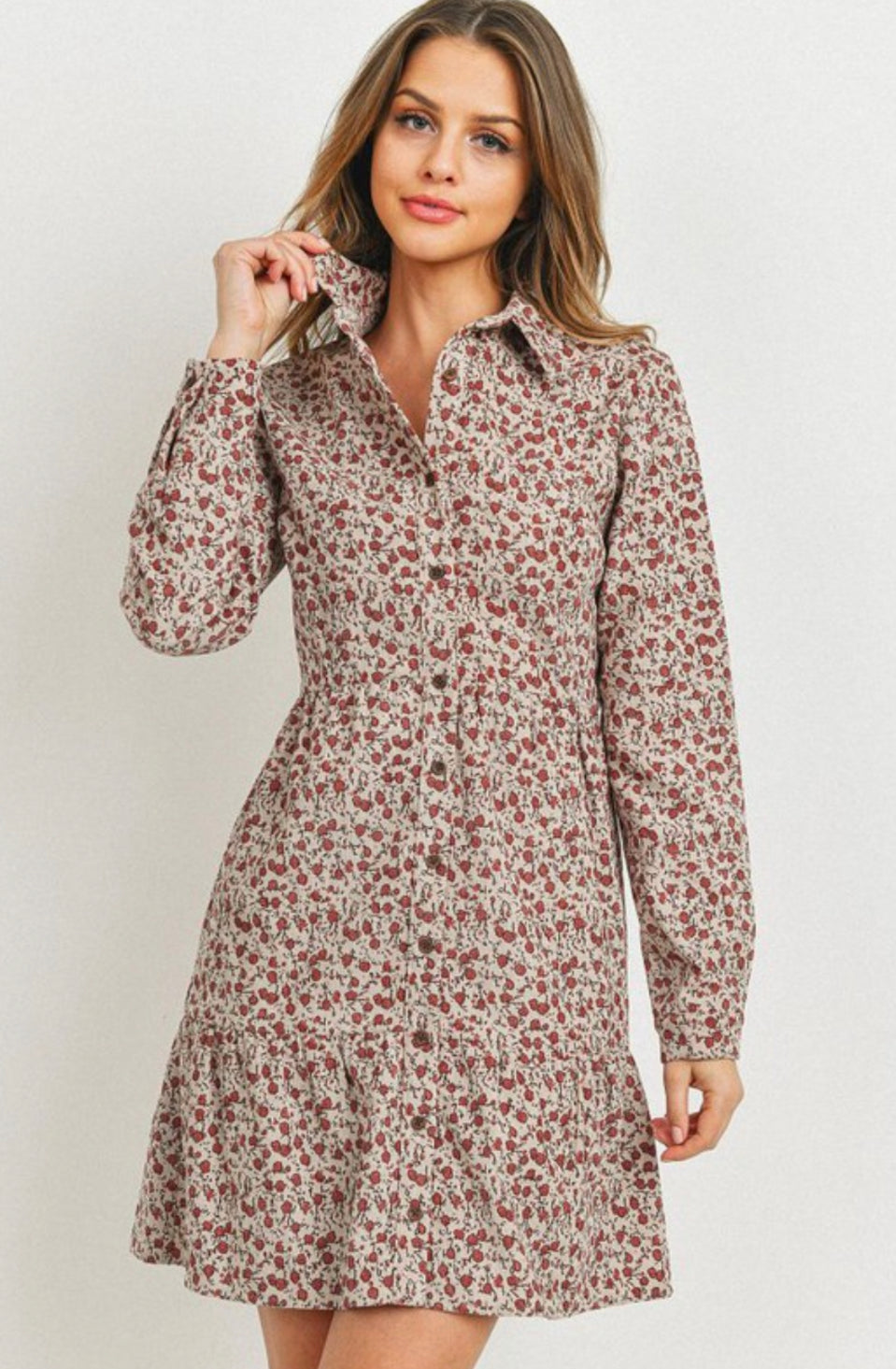 Corduroy Printed Button Down Front Collar Dress