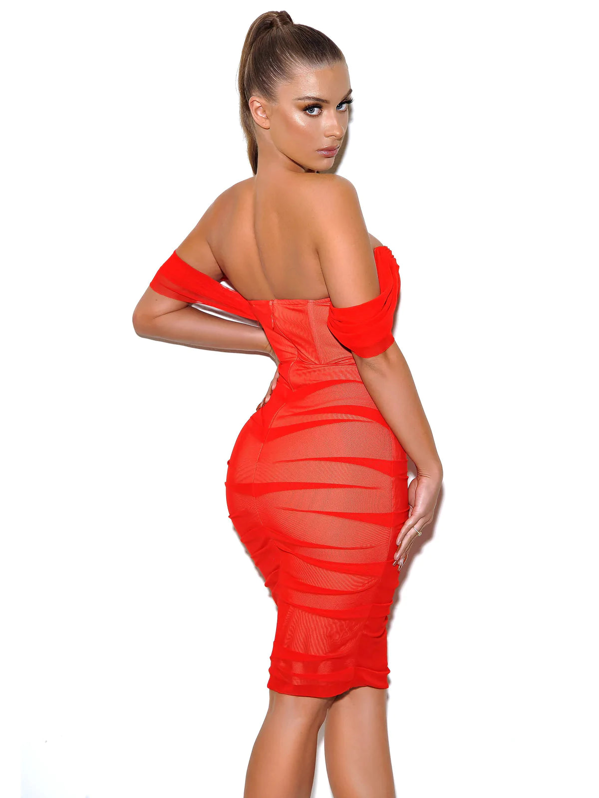 Kendall Red Off Shoulder Mesh Corset Dress